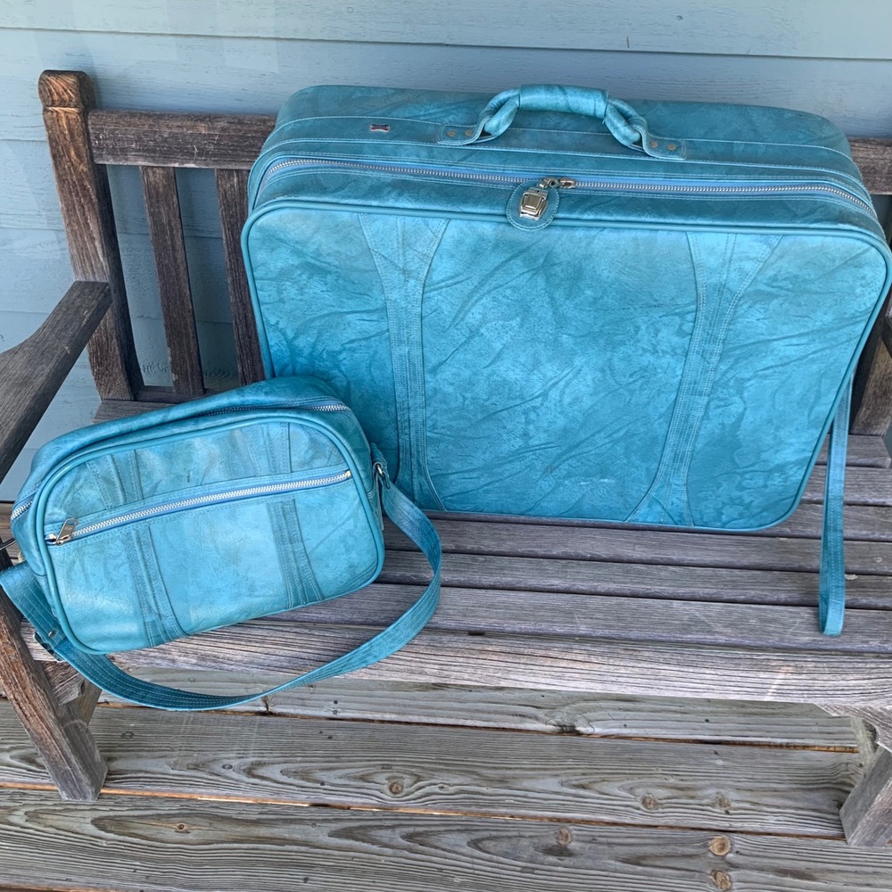 American Tourister VTG 1970s Teal Blue Marbled Vinyl Luggage Set 2pc Suitcase